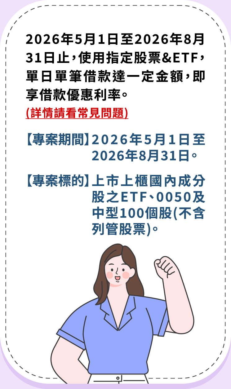 2026年5月1日至2026年8月31日止,使用指定股票&ETF,單日單筆借款金額達新台幣1萬元(含)以上,即享借款優惠利率。(詳情請看常見問題) 2026年5月1日至2026年8月31日止,使用指定股票&ETF,單日單筆借款金額達新台幣1萬元(含)以上,即享借款優惠利率。(詳情請看常見問題)
